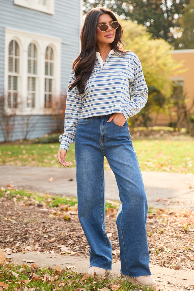 Charlie Blue and Grey Striped Collared Pullover