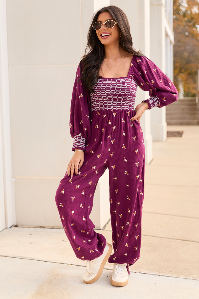 Dress To Impress Burgundy Floral Stitched Smocked Top Jumpsuit FINAL SALE