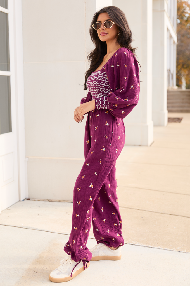 Dress To Impress Burgundy Floral Stitched Smocked Top Jumpsuit FINAL SALE