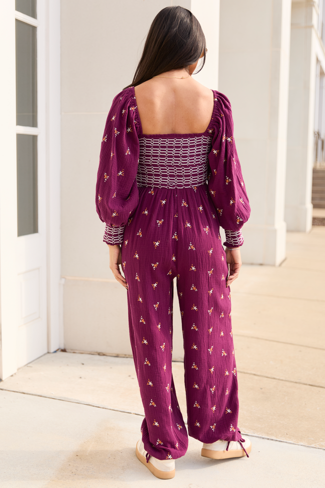 Dress To Impress Burgundy Floral Stitched Smocked Top Jumpsuit FINAL SALE