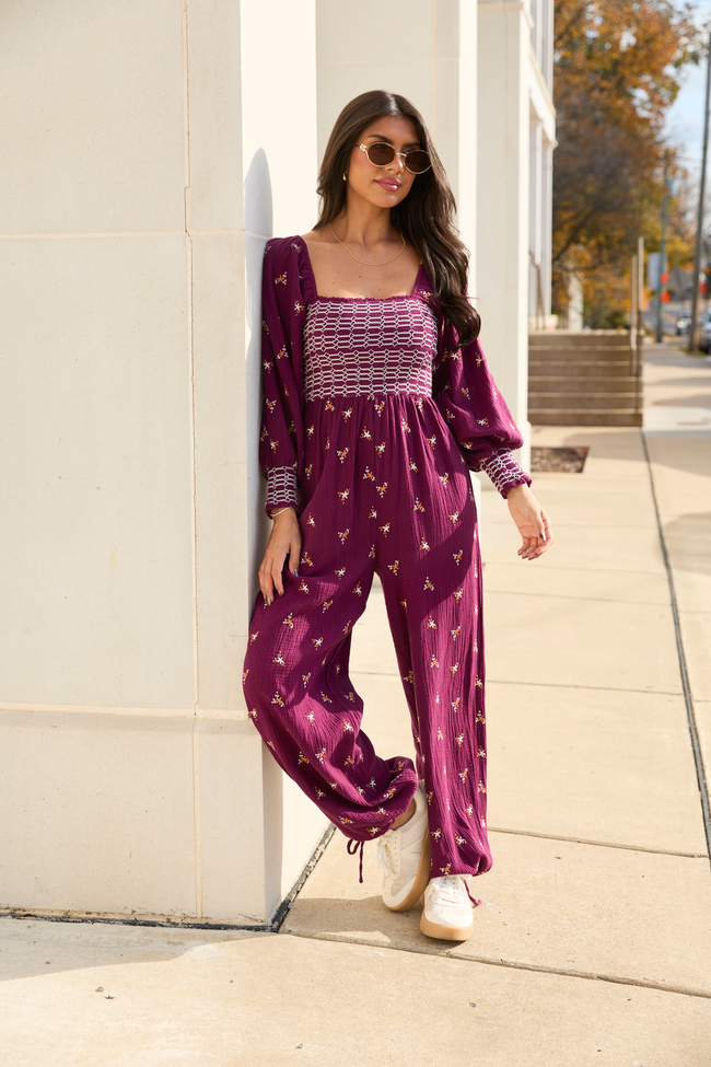 Dress To Impress Burgundy Floral Stitched Smocked Top Jumpsuit FINAL SALE