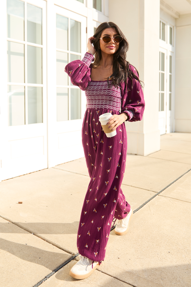 Dress To Impress Burgundy Floral Stitched Smocked Top Jumpsuit FINAL SALE