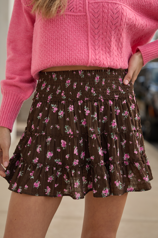 Through the Garden Brown and Pink Flower Print Skort