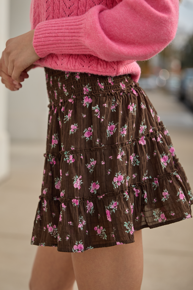 Through the Garden Brown and Pink Flower Print Skort