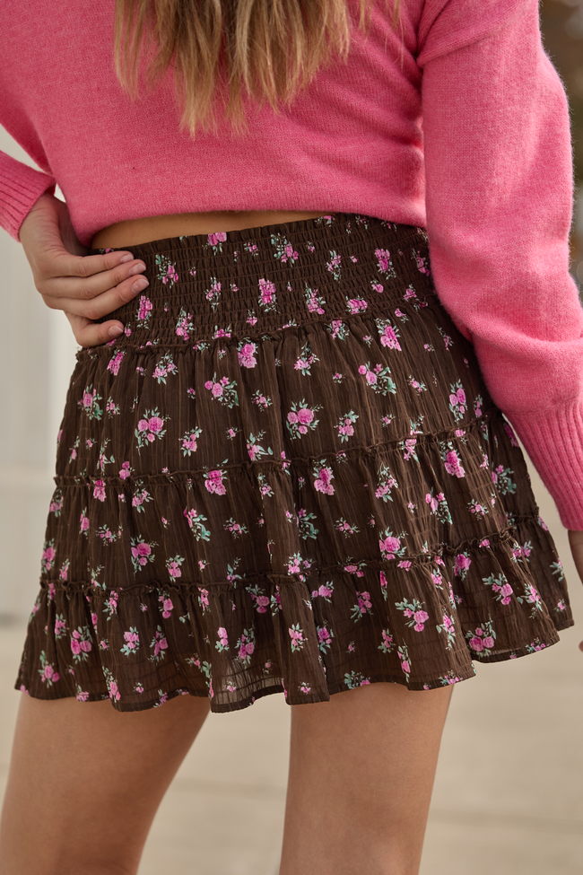 Through the Garden Brown and Pink Flower Print Skort