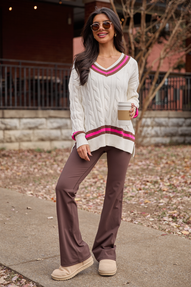 Paris Pink And Brown Varsity Stripe Cable Knit V-neck Pullover SALE