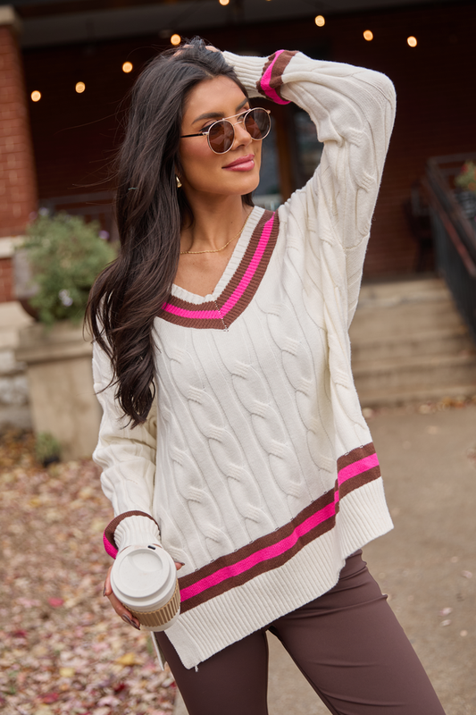 Paris Pink And Brown Varsity Stripe Cable Knit V-neck Pullover SALE