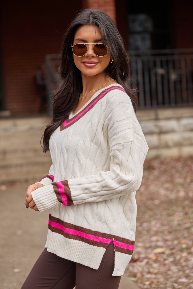 Paris Pink And Brown Varsity Stripe Cable Knit V-neck Pullover SALE