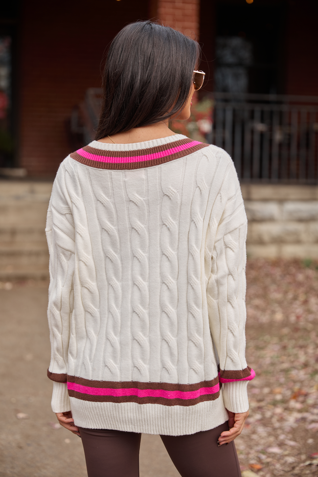 Paris Pink And Brown Varsity Stripe Cable Knit V-neck Pullover SALE