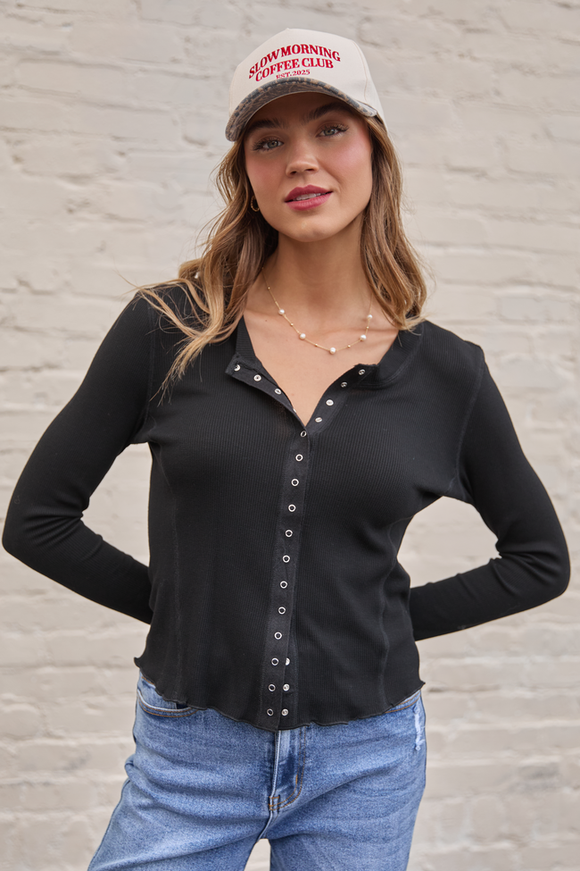 Anneliese Black Waffle Henley Top SALE