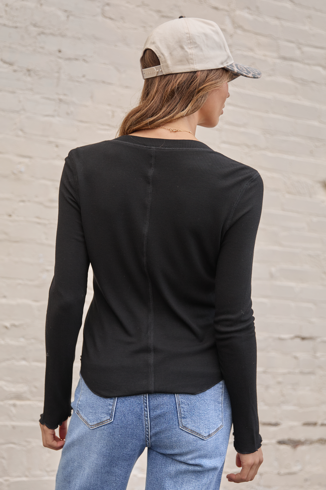 Anneliese Black Waffle Henley Top SALE