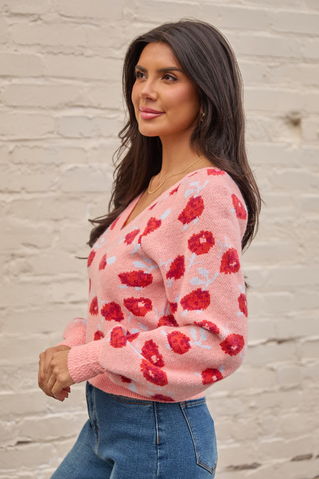 Amara Long Sleeve Blush Floral V Neck Sweater SALE