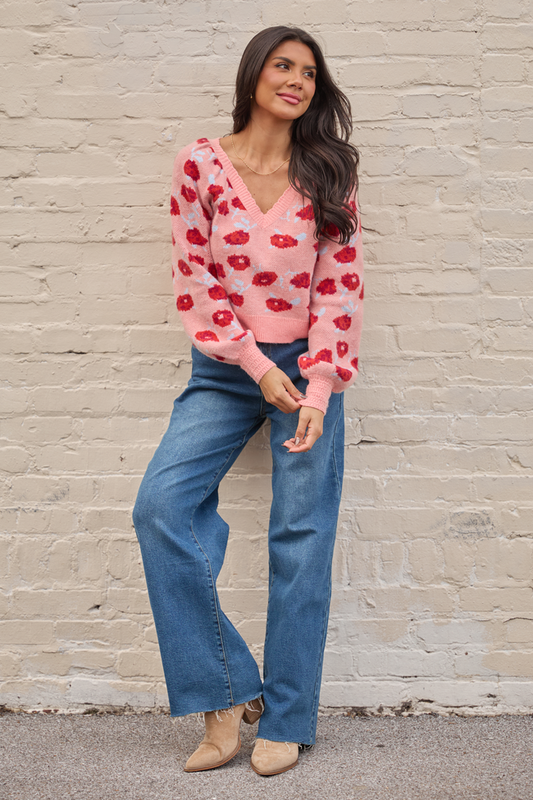 Amara Long Sleeve Blush Floral V Neck Sweater SALE