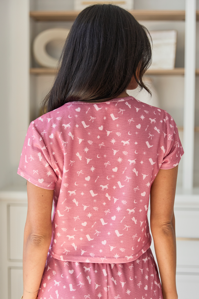 Lainey Waffle Knit Pink Western Icon Pajama Top SALE