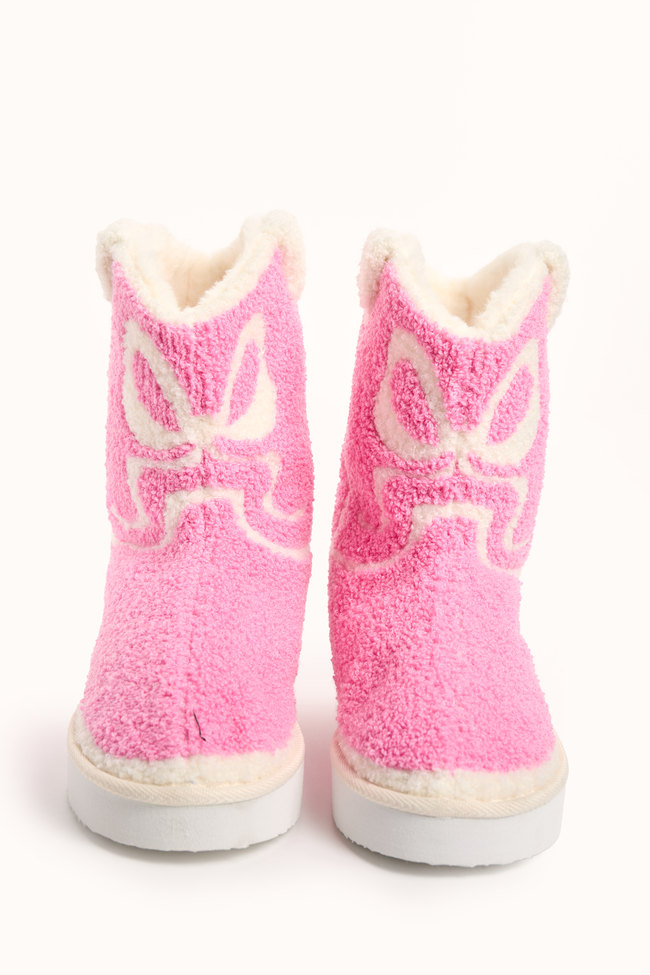 Tyla Pink Bow Shearling Boot Slippers SALE