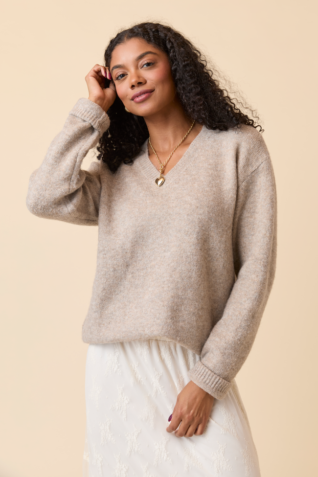 Adalyn Tan Oversized V-Neck Sweater SALE
