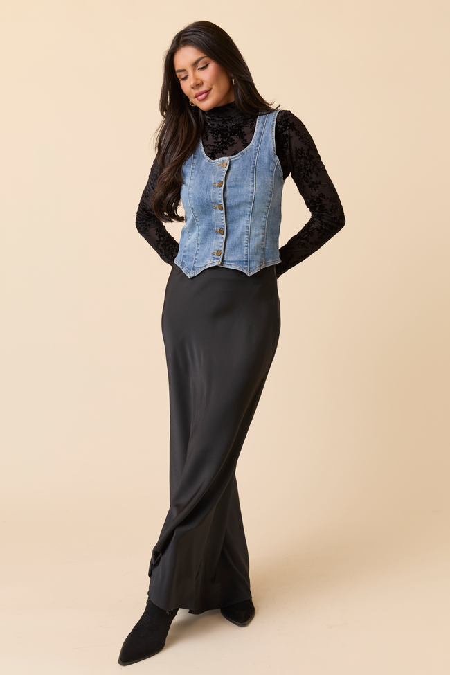 Freya Black Satin Maxi Skirt