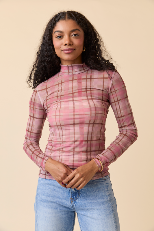 Ansley Long Sleeve Pink Plaid Mesh Mock Neck Top