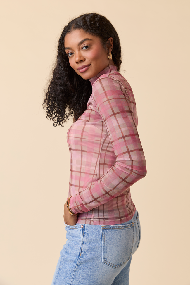 Ansley Long Sleeve Pink Plaid Mesh Mock Neck Top
