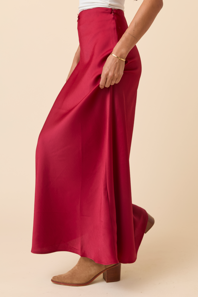 Freya Burgundy Satin Maxi Skirt FINAL SALE