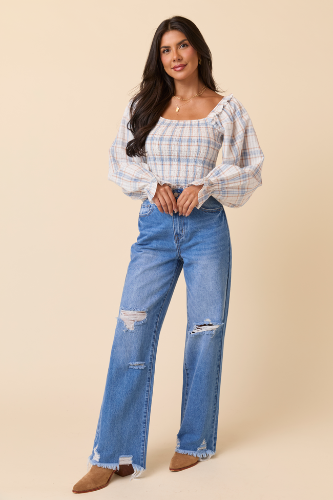 Willow Blue Plaid Smocked Balloon Sleeve Top