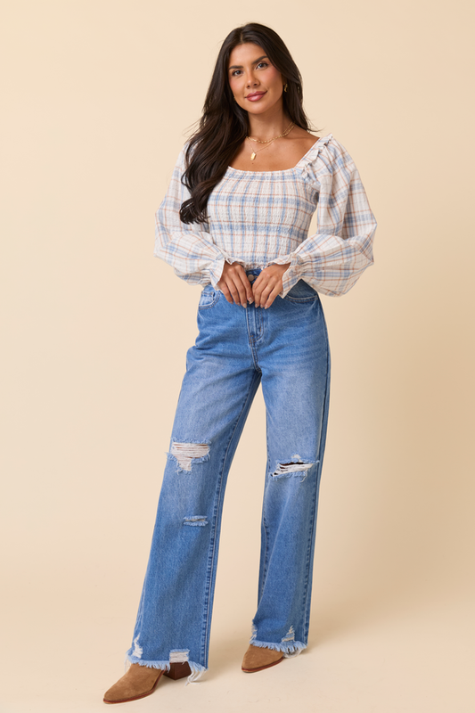 Willow Blue Plaid Smocked Balloon Sleeve Top