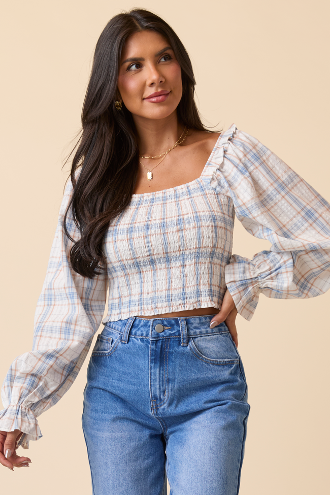 Willow Blue Plaid Smocked Balloon Sleeve Top