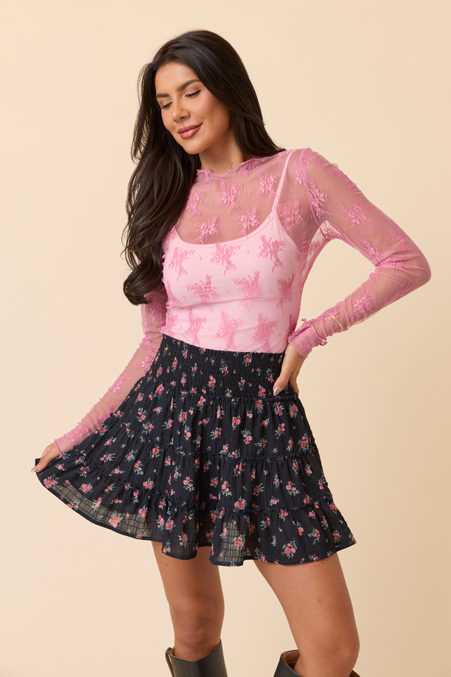 Soraya Pink Mock Neck Lace Layering Blouse