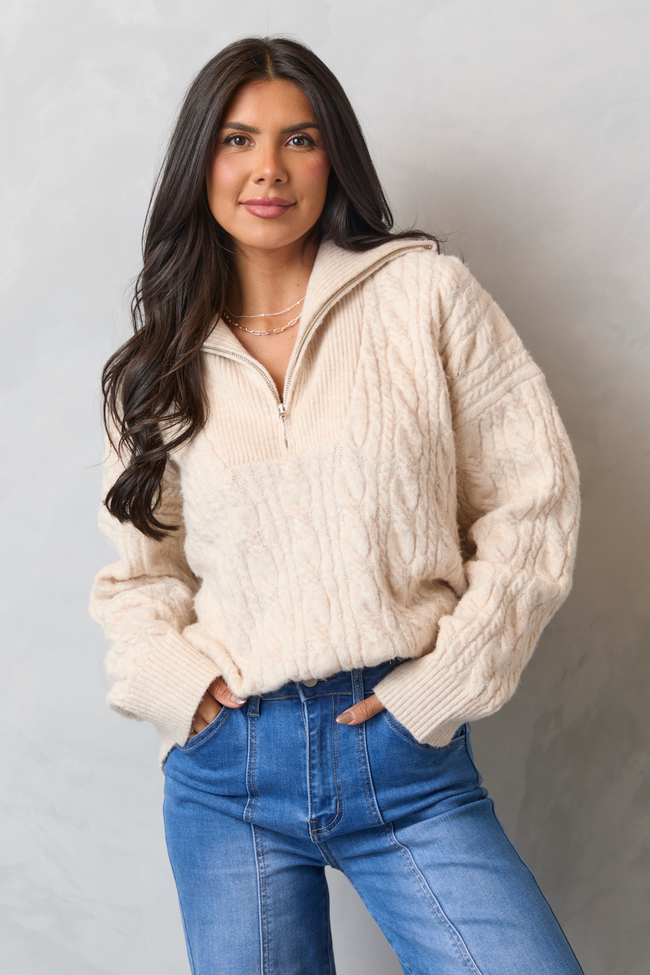 Chismer Beige Cable Knit Zip Up SALE
