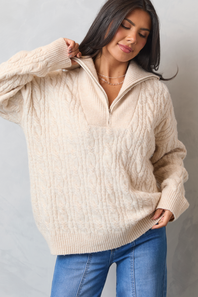 Chismer Beige Cable Knit Zip Up SALE