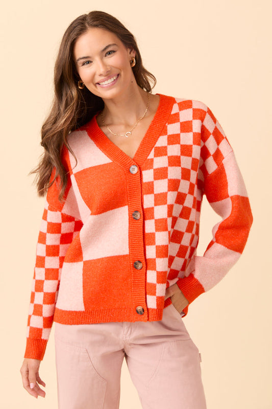 Alyssia Coral And Orange Checkered Cardigan SALE