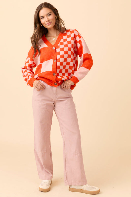 Alyssia Coral And Orange Checkered Cardigan SALE