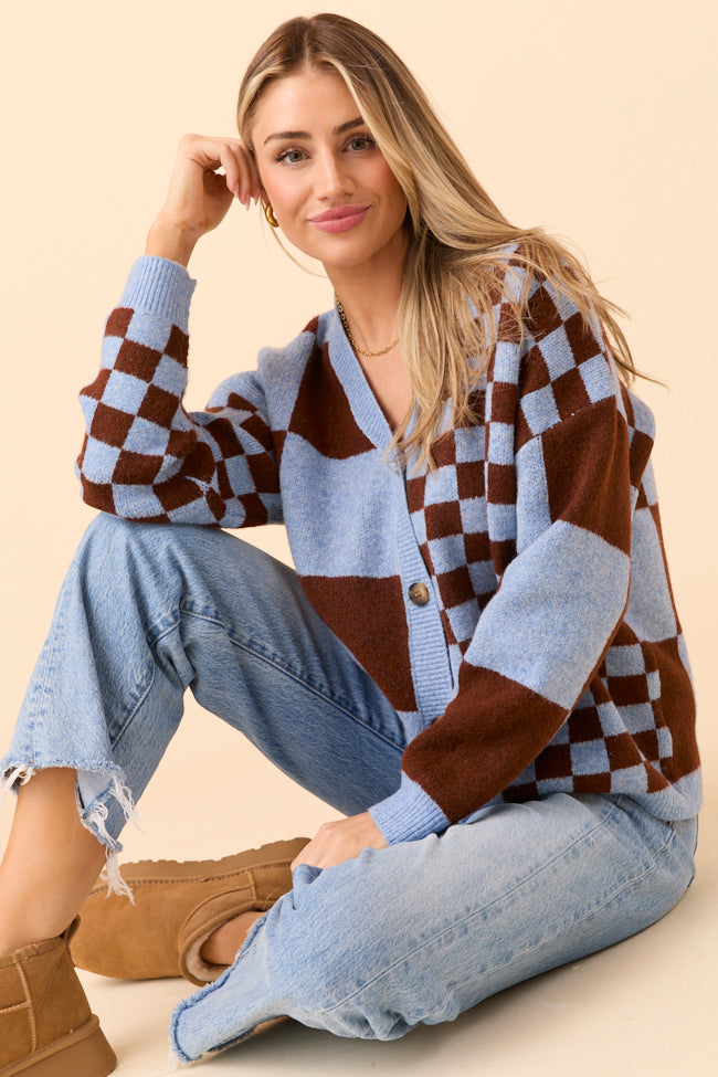 Alyssia Brown And Blue Checkered Cardigan