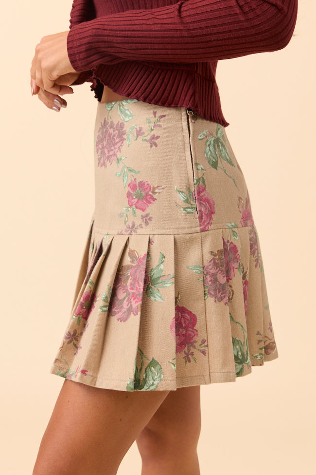 Lana Brown Floral Pleated Skirt