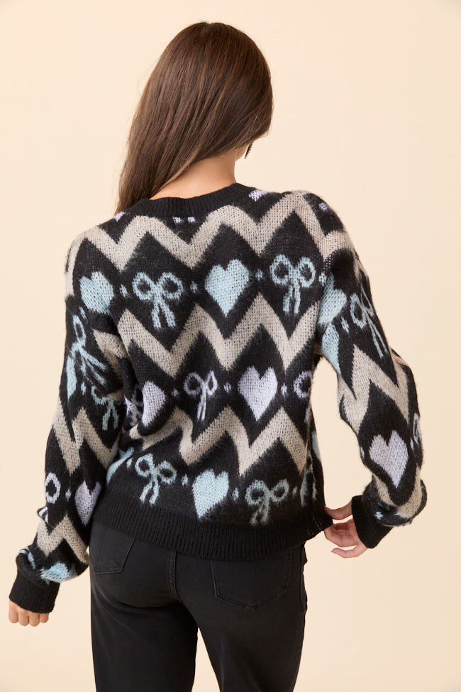 Annie Joy Black Blue Grey Hearts and Bows Sweater SALE
