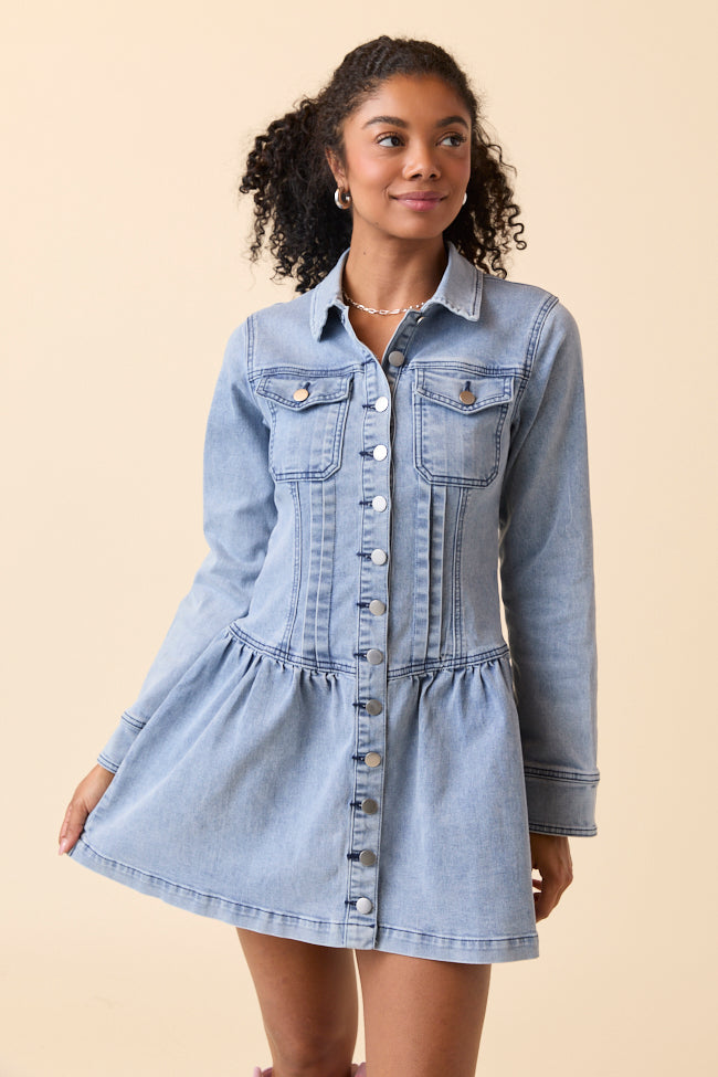 My Favorite Medium Wash Long Sleeve Button Front Mini Dress