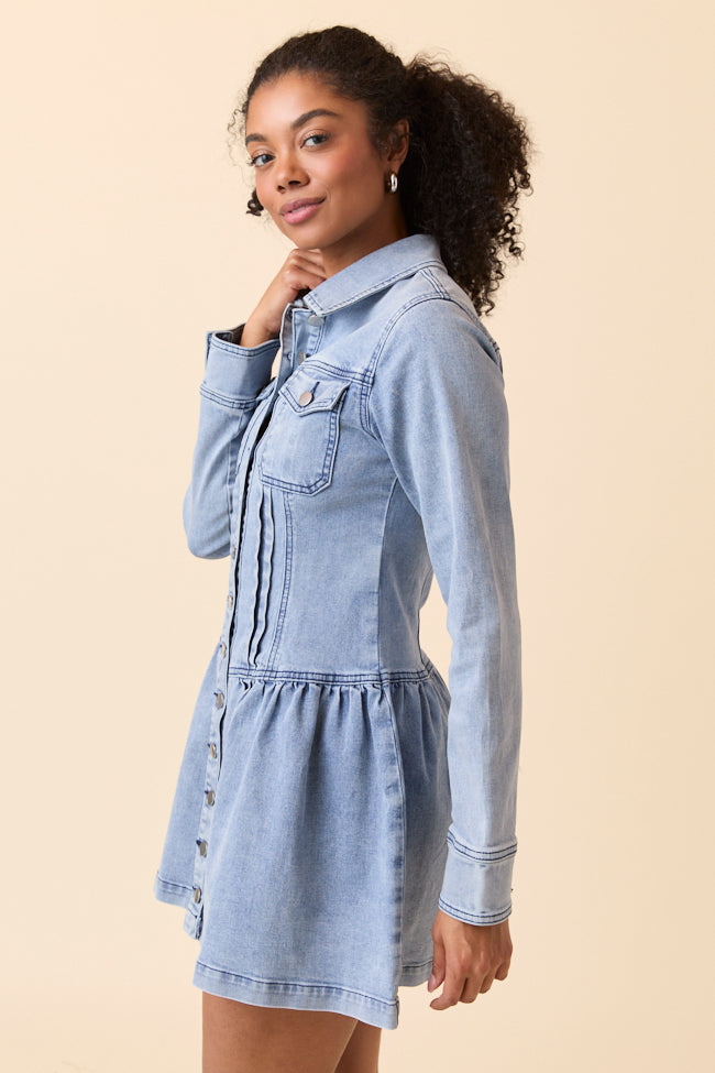 My Favorite Medium Wash Long Sleeve Button Front Mini Dress