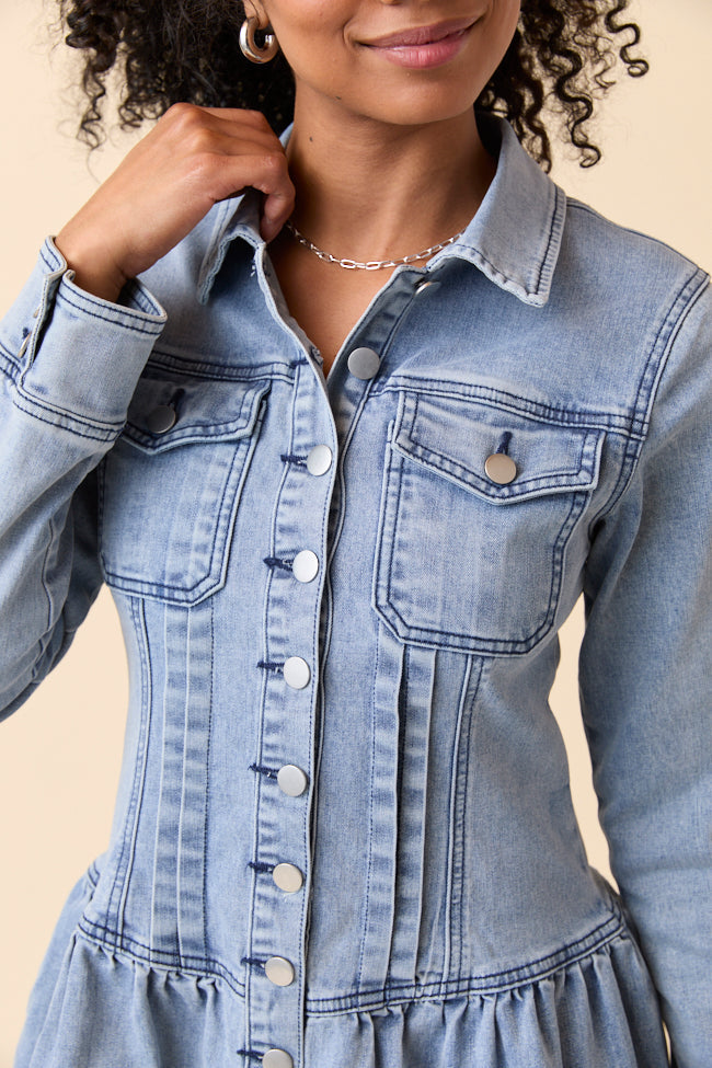 My Favorite Medium Wash Long Sleeve Button Front Mini Dress