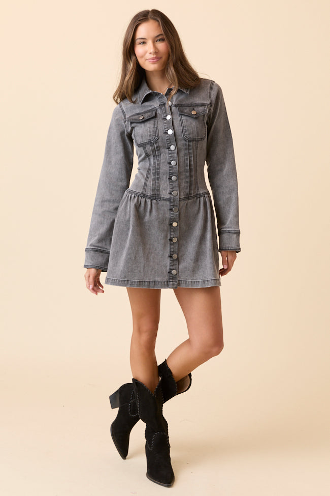 My Favorite Black Long Sleeve Button Front Mini Dress