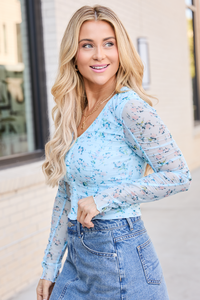 Saniya Blue Floral Mesh V-Neck Top