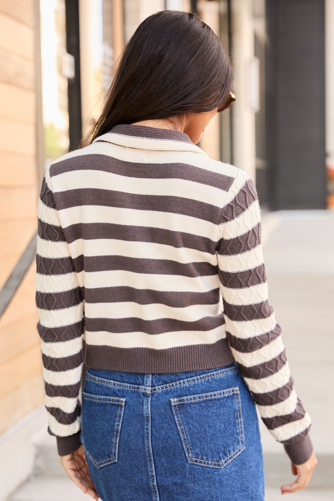 Arabella Brown Striped Cable Knit Crewneck SALE