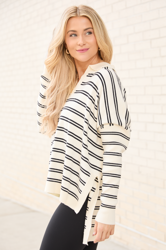 Jurnee Ivory and Black Striped V-Neck Sweater