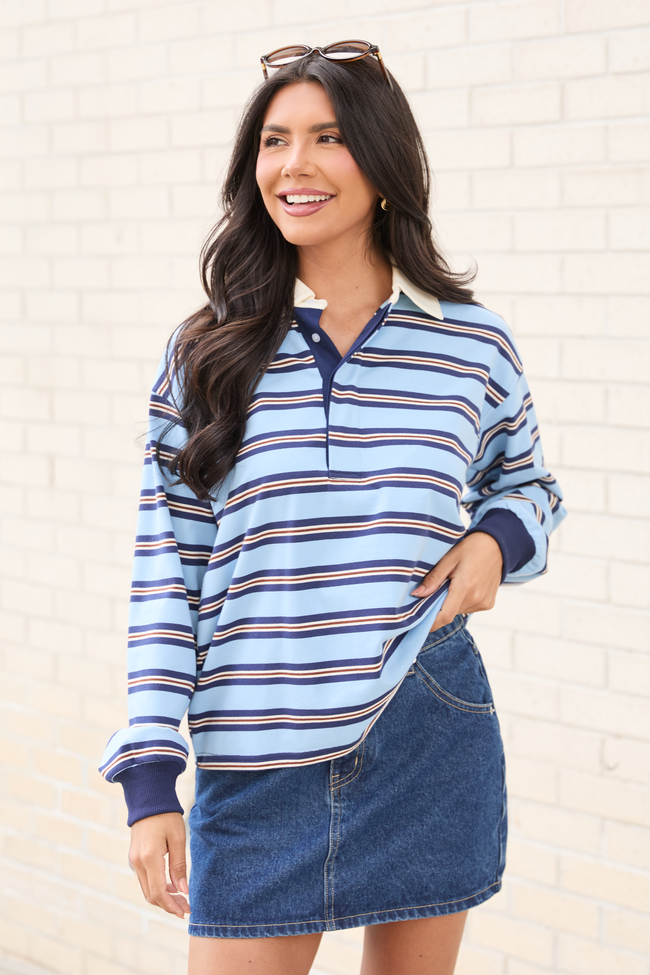 Sandra Blue Striped Collared Pullover