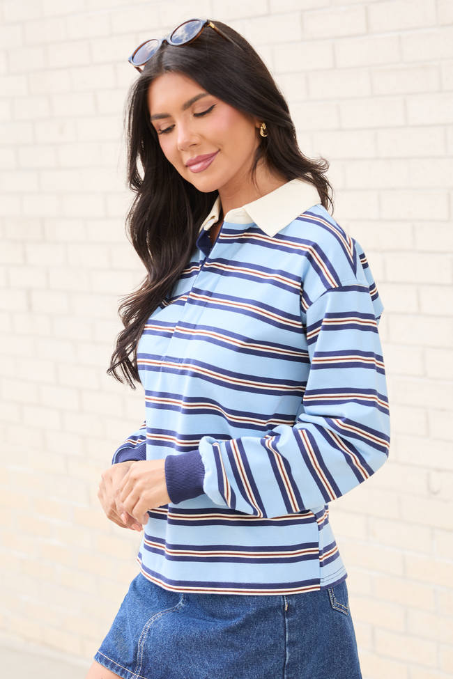 Sandra Blue Striped Collared Pullover