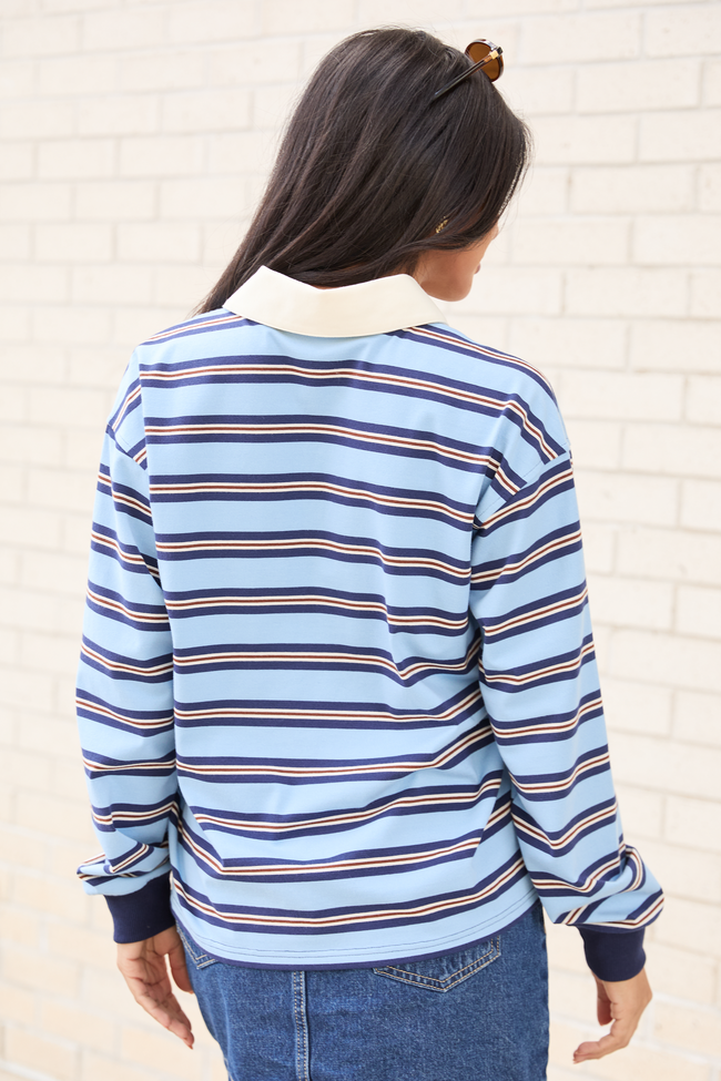 Sandra Blue Striped Collared Pullover