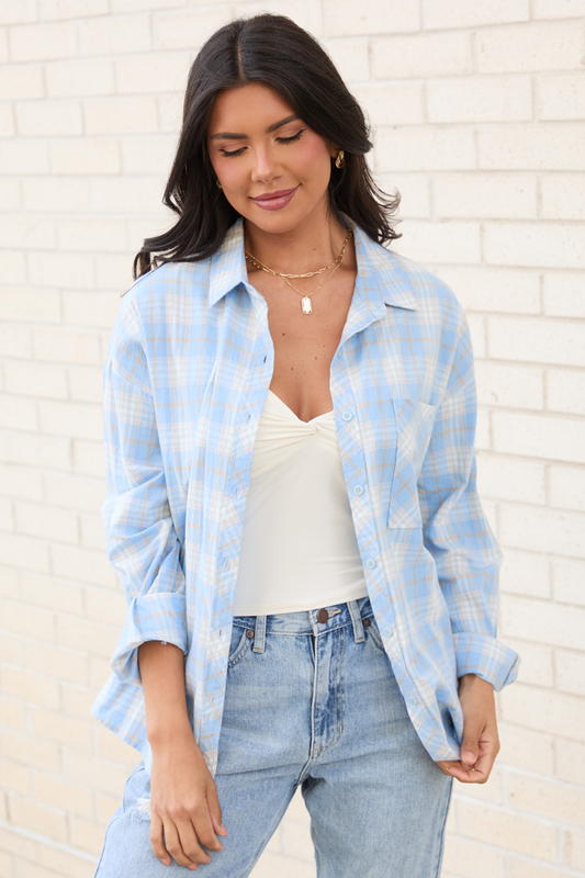 Rory Blue and Cream Plaid Button Down Top SALE