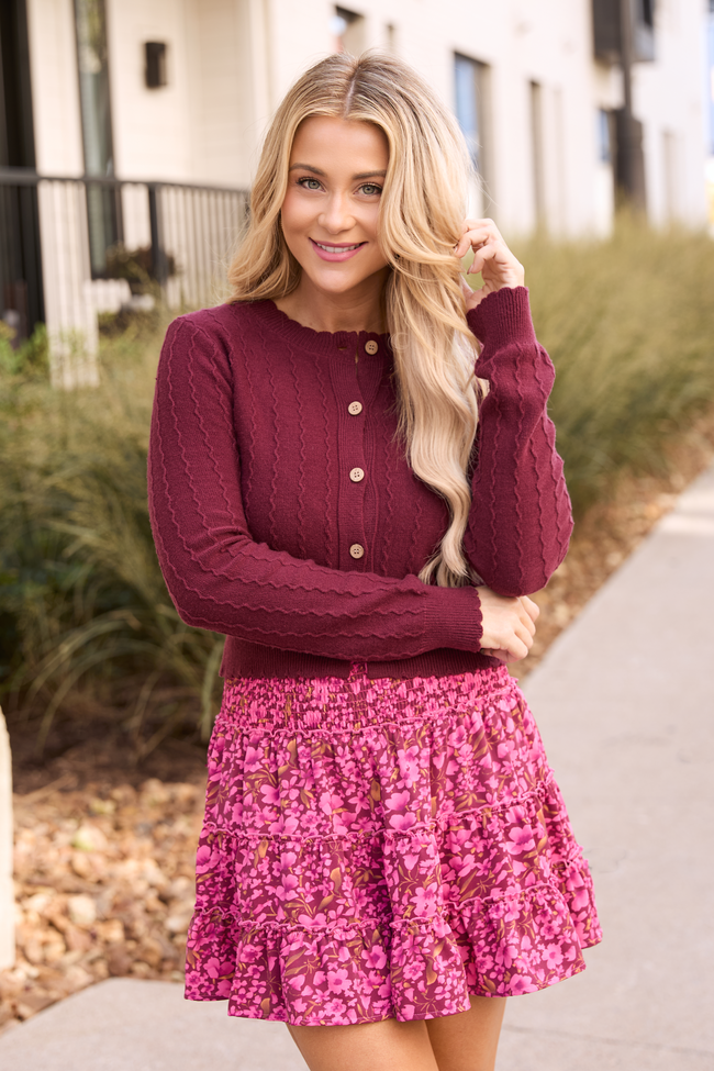 Aniston Burgundy Scallop Detail Cardigan SALE