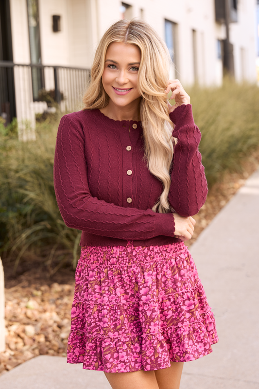 Aniston Burgundy Scallop Detail Cardigan SALE