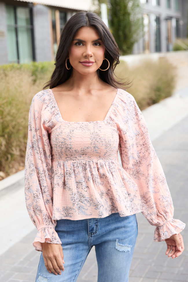 Lisette Pink Floral Gauze Smocked Peplum Top FINAL SALE