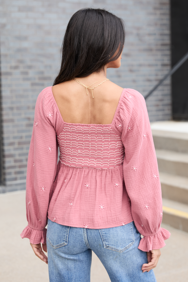 Lisette Pink Floral Embroidered Gauze Smocked Peplum Top